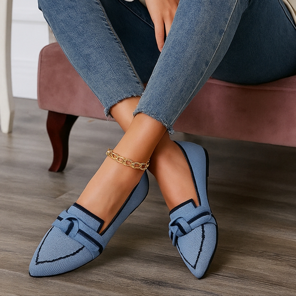 Pointed Bow Top Knit Contrasting Stripe Ballet Flat Casual Loafer Slip-on Shoes